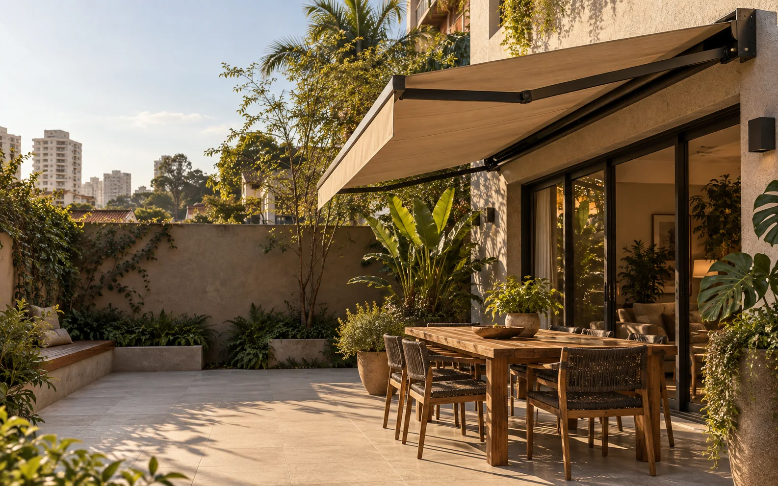 Imagem ilustrativa de um toldo sobre terraço residencial com mesa ao ar livre